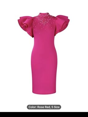 Rose Red Embellished Ruffle Sleeve Sheath Dress